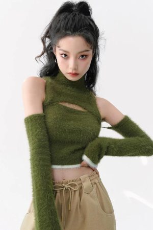Cut Out Fluffy Crop Sweater Top