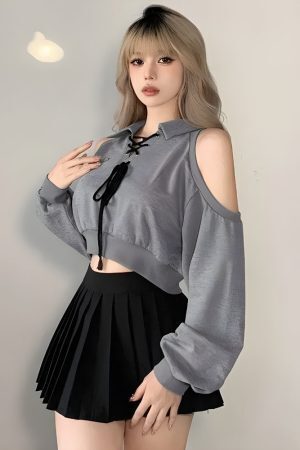Cut Out Lace Up Cropped Sweatshirt