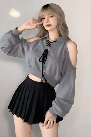 Cut Out Lace Up Cropped Sweatshirt