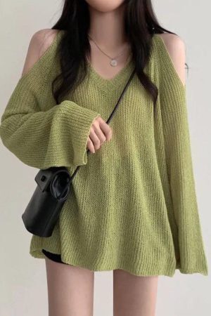 Cut-Out Shoulder Loose Knit Sweater