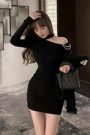 Cut Out Shoulder Rhinestone Mini Dress