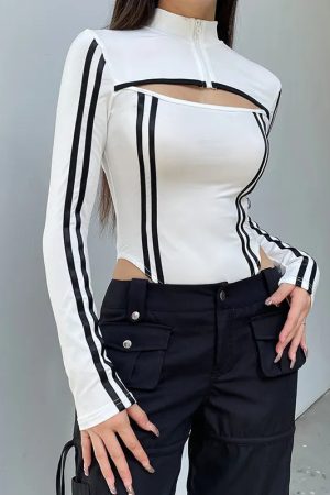 Cyberpunk Striped Cut Out Bodysuit