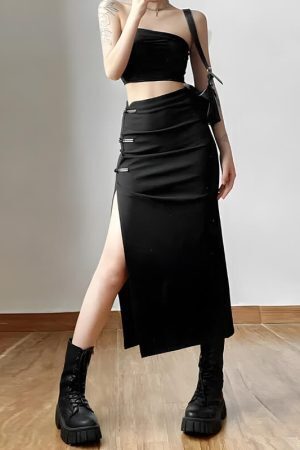 Dark Academia High Split Midi Pencil Skirt