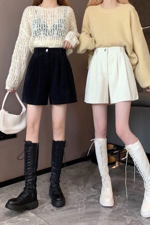 Dark Academia High Waist Corduroy Shorts