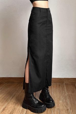 Dark Academia Side Slit Maxi Skirt