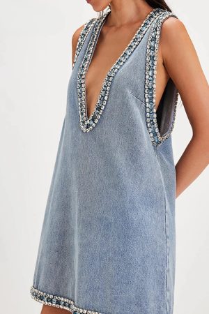 Deep V Denim Mini Dress