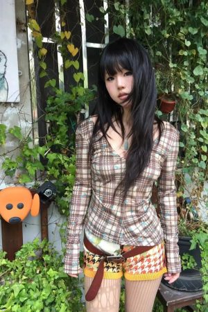 Deep V Neck Plaid Top