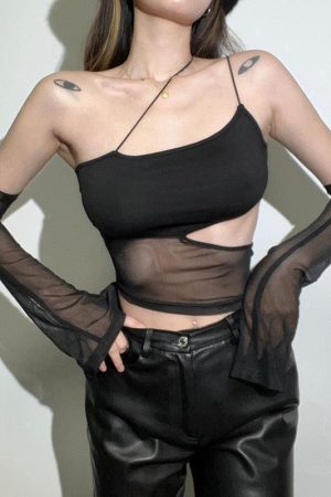 Detachable Sleeved Mesh Halter Top