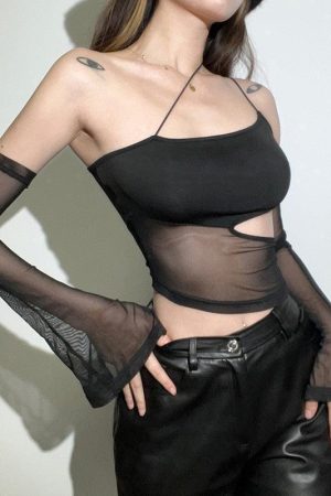 Detachable Sleeved Mesh Halter Top