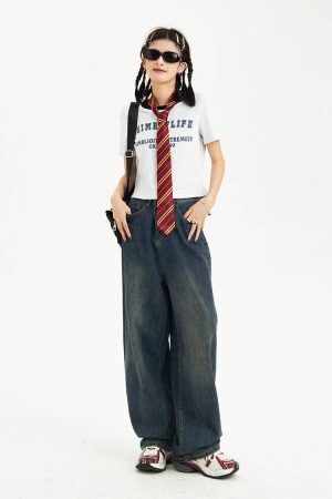 Distressed Pockets Wide Leg Baggy Jeans