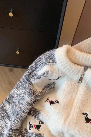 Dog Embroidered Double Zip-Up Knitted Cardigan