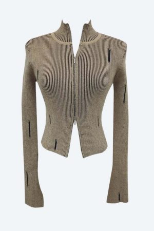 Double Zip-Up Distressed Corduroy Cardigan