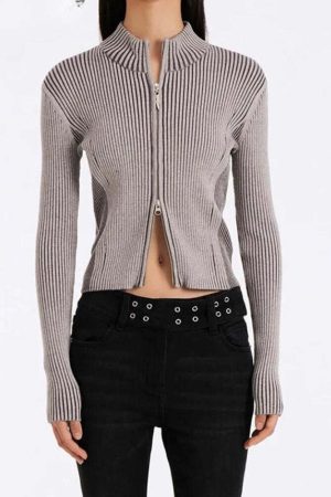 Double Zip-Up Distressed Corduroy Cardigan