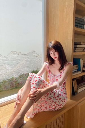 DreamyNerd Cherry Print Ruffle Strap Midi Dress