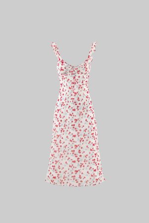 DreamyNerd Cherry Print Ruffle Strap Midi Dress