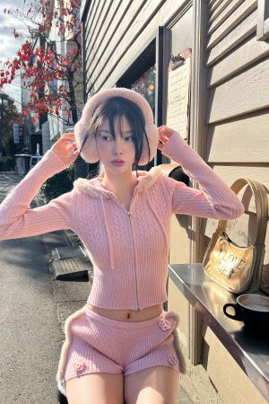 DreamyNerd Cozy Knit Hoodie & Shorts Set in Baby Pink