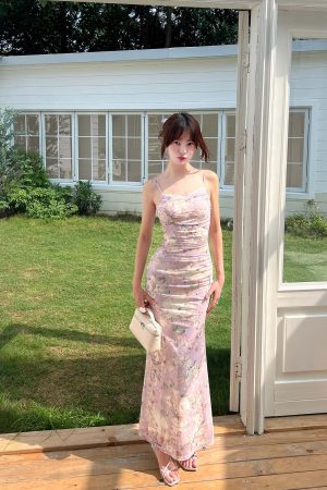 DreamyNerd Floral Mesh Maxi Dress with Lace Trim and Ruched Bodice
