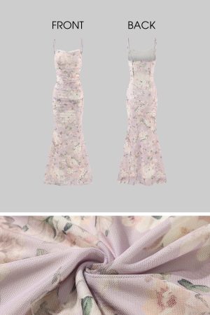 DreamyNerd Floral Mesh Maxi Dress with Lace Trim and Ruched Bodice