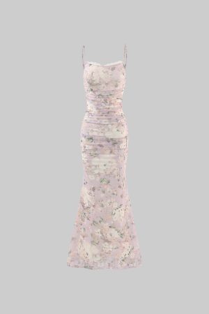 DreamyNerd Floral Mesh Maxi Dress with Lace Trim and Ruched Bodice