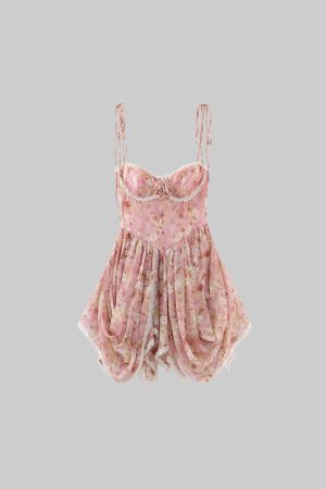 DreamyNerd Floral Ruched Corset Dress with Ruffle Hem and Bow Detail