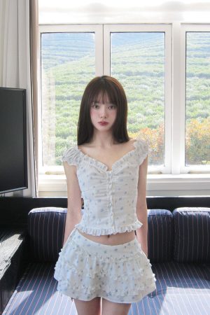 DreamyNerd Floral Ruffle Corset Top and Skirt Set