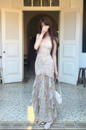 DreamyNerd Floral Ruffle Maxi Dress with Open Back and Spaghetti Straps