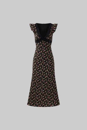 DreamyNerd Flutter Sleeve Floral Lace Midi Dress