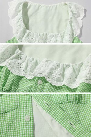 DreamyNerd Gingham Ruffle Top and Mini Skirt Set with Lace Trim
