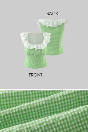 DreamyNerd Gingham Ruffle Top and Mini Skirt Set with Lace Trim