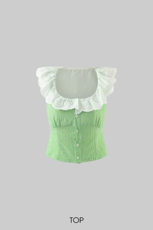 DreamyNerd Gingham Ruffle Top and Mini Skirt Set with Lace Trim