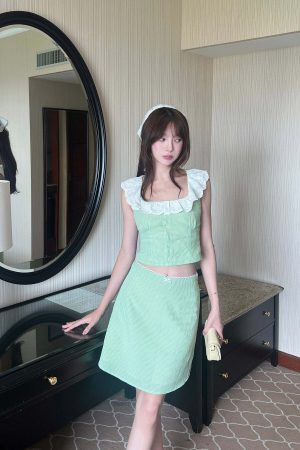 DreamyNerd Gingham Ruffle Top and Mini Skirt Set with Lace Trim