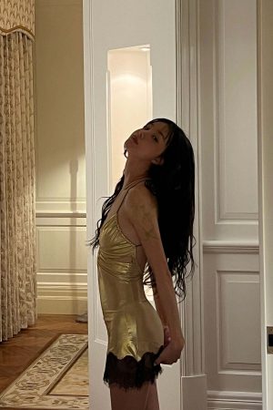 DreamyNerd Golden Lace-Trim Mini Slip Dress