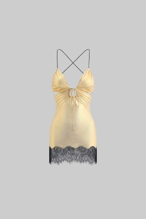 DreamyNerd Golden Lace-Trim Mini Slip Dress