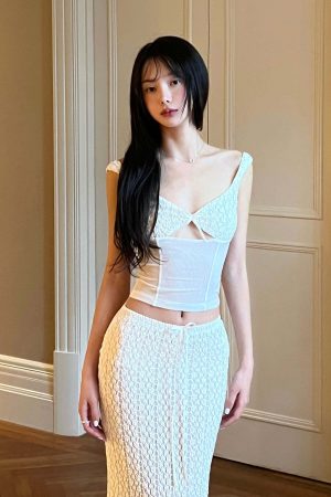 DreamyNerd Lace & Mesh Cami Top & Sheer-Hem Maxi Skirt Set