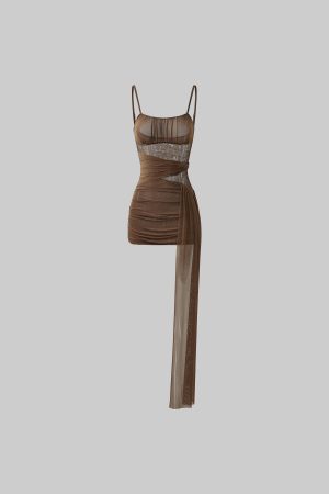 DreamyNerd Mesh Draped Lace Mini Dress with Asymmetric Overlay and Sheer Bodice