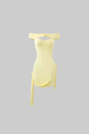 DreamyNerd Off-Shoulder Drape Mini Dress with Rosette Detail