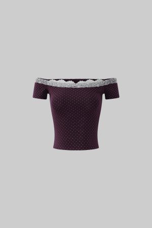 DreamyNerd Off-Shoulder Polka Dot Top with Lace Trim and Stretch Fit