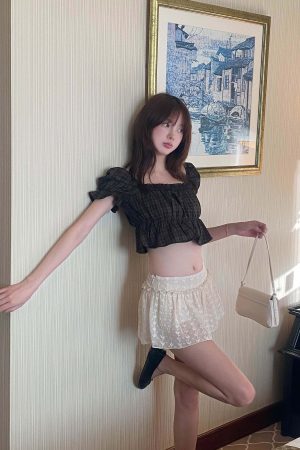 DreamyNerd Puff Sleeve Plaid Crop Top with Ruffle Hem and Tie Back