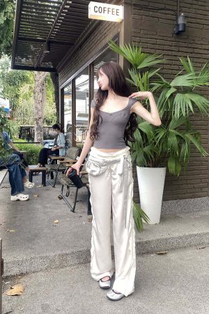 DreamyNerd Ruffled Satin Wide-Leg Pants with Detachable Mini Pouch