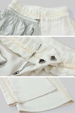 DreamyNerd Ruffled Satin Wide-Leg Pants with Detachable Mini Pouch