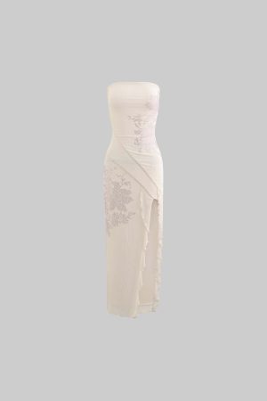 DreamyNerd Strapless Mesh Maxi Dress with Floral Embellishment