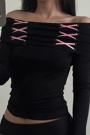 Fairy Grunge Off Shoulder Lace Up Top