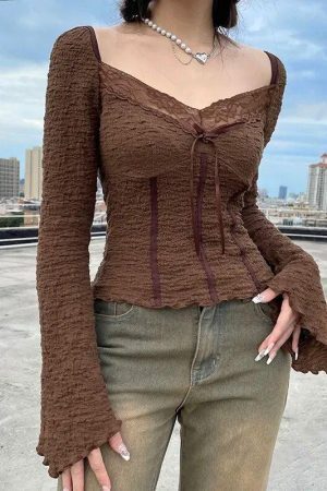 Fairycore Lace Detailed Shirred Top