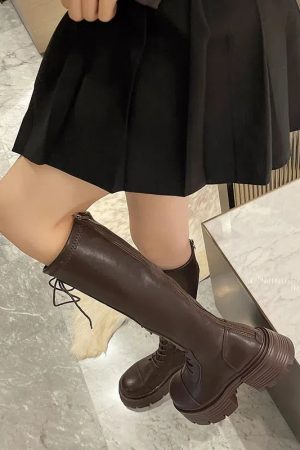Faux Leather Knee High Lace Up Boots
