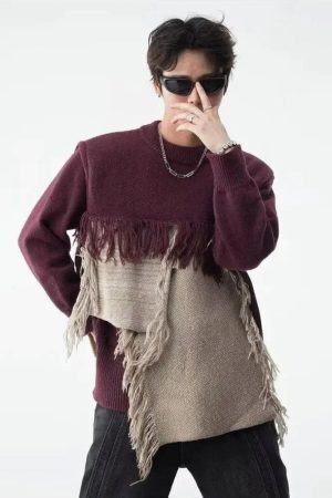 Fringe Patchwork Knitted Sweater