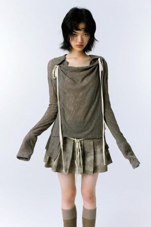 Grunge Asymmetric Long Sleeve Lace Top