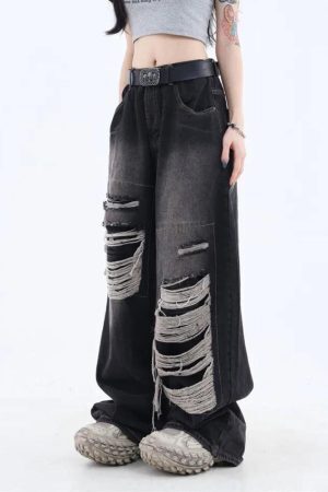 Grunge Dark Wash Distressed Jeans