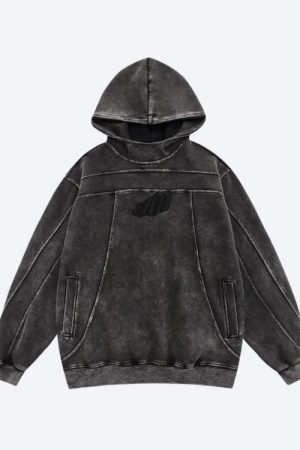 Grunge Dark Washed Embroidered Hoodie