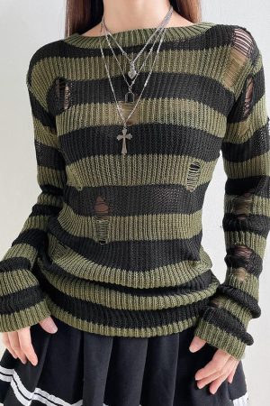 Grunge Distressed Striped Sweater