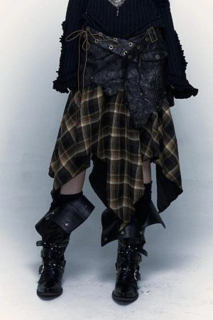 Grunge Faux Leather Plaid Midi Skirt
